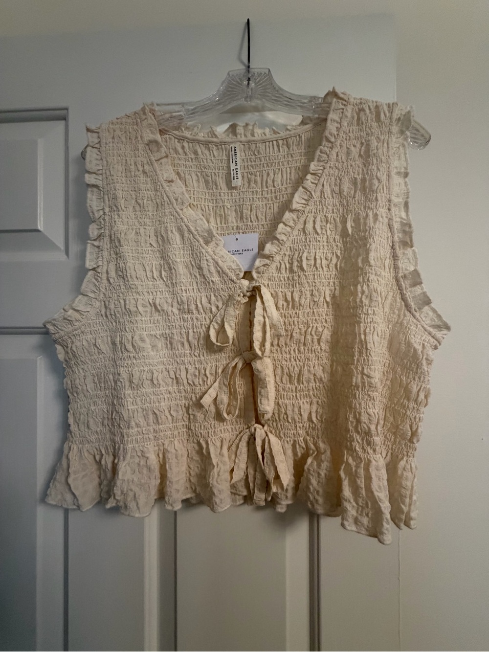 American Eagle Outfitters Cream Ruffle Tie-Front Smocked Crop Top